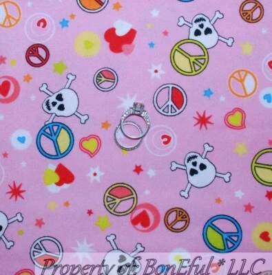 BonEful Fabric FQ Cotton Flannel Quilt Pink Dot Heart Skull Head PEACE Sign Star - Image 1 of 4