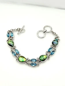 Cookie Lee Abalone Blue Stone Silver Tone Toggle Bracelet 7" Adjustable - Picture 1 of 9