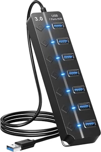 7-Port USB-A 3.0 Hub Splitter with Individual On/Off Switches and Lights - Picture 1 of 16