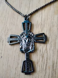 Collana in acciaio inox testa di Gesù croce crocifisso nero canna di fucile Volto Santo di - Foto 1 di 3