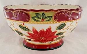 Hand Painted Ceramic Poinsettia White Red Gold Large Serving Bowl Christmas - Picture 1 of 24