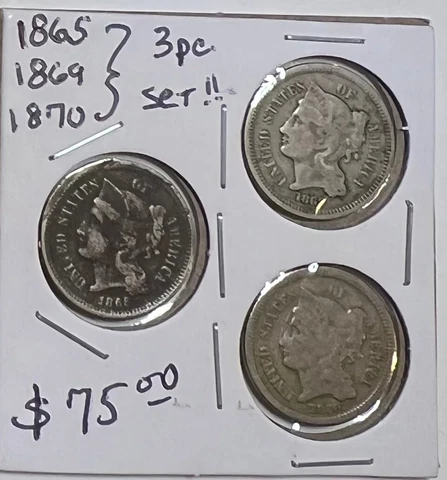 1865, 1869, 1870 Three Cent Nickels 3pc Set Cover