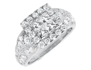 14k White Gold Princess Cut Diamond Cluster Milgrain Wedding Engagement Ring 2ct - Picture 1 of 6