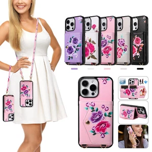 Funda tipo billetera para iPhone 16 15 Pro Max 13 12 flores + bandolera/correa de mano para mujer - Imagen 1 de 15