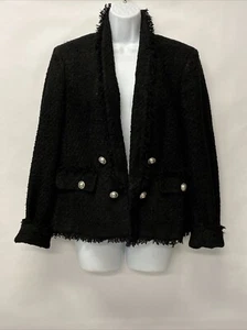 EXPRESS L BLACK CAREER JACKET BLAZER STRETCH COMFORT Raw Edge Fringe Patch W11 - Picture 1 of 18