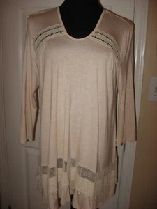 LAPIS, Swing Tunic Top, Peach Heather Knit,Crochet Lace,V- Neck,3/4 Sleeve, L - Picture 1 of 7