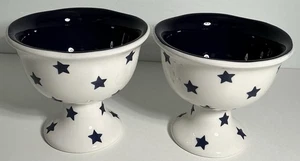 2 Patriotic Terramoto Ceramic Blue & White Star Ice Cream Footed Bowls New - Picture 1 of 5
