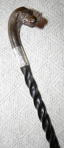 Edwardian Walking Stick Cane Hound Dog Top Twist Hallmarked 1909 Silver J Howell - Picture 1 of 8