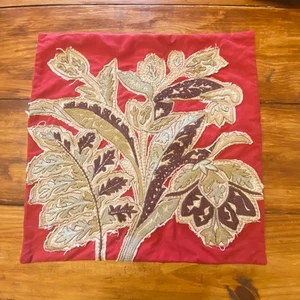Pottery Barn Red Floral Embroidered Pillow Cover 20 x 20 Decorative Boho Shabby - Picture 1 of 8