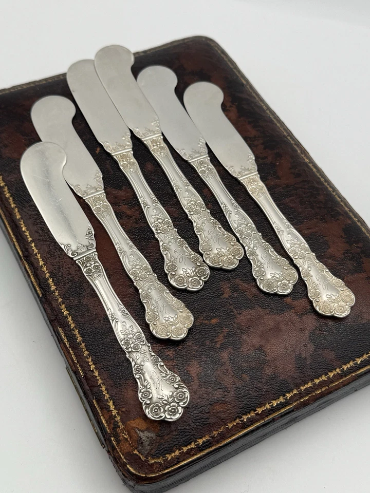 6 cuchillos esparcidores de mantequilla Gorham Buttercup Sterling Pat 1900 mono G - 142,6 g Foto 1 de 4