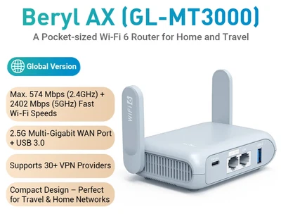 GL.iNet GL-MT3000 Beryl AX WiFi 6 Travel Router VPN 2.5G Gigabit Cybersecurity - Image 1 of 4