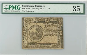 Fr#CC-59 Feb 26, 1777 $6 Continental Currency PMG VF35 - Picture 1 of 2