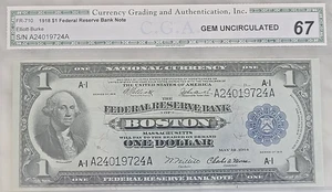 1918 $1 FRBN Boston FR 710 CGA 67 GEM UNCIRCULATED Elliot-Burke Fr.710 - Picture 1 of 2