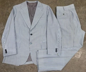 Vintage 1970s Blue Seersucker Stripe 2Pc Suit Bespoke Tailored Wool Poly READ - Picture 1 of 24