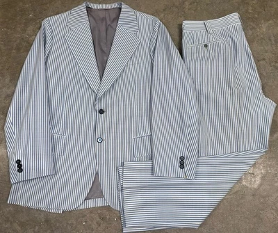 Vintage 1970s Blue Seersucker Stripe 2Pc Suit Bespoke Tailored Wool Poly READ - Image 1 of 4