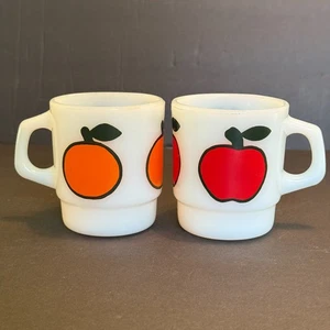 Anchor Hocking Fire King Apple and Orange Fruit Milk Glass Mugs Set of 2 - Picture 1 of 11