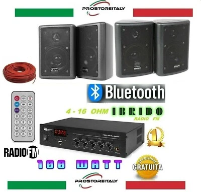 KIT AUDIO 100 WATT FILODIFFUSIONE BLUETOOTH+USB+RADIO FM+TELEC+6 CASSE  BLACK - Immagine 1 di 4