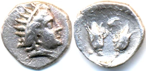 Griechen-Karien, Insel Rhodos, AR-Diobol Helioskopf Rosen Helm 0,94 g./10 mm. - Bild 1 von 1