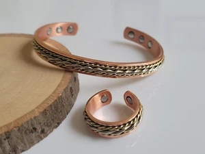 Solid Copper Magnetic Bracelet Ring Set 3 Tone Arthritis Therapy Cuff Ring Set - Picture 1 of 12