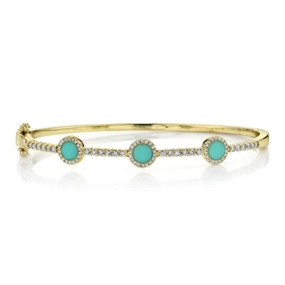 14K Gold Turquoise Diamond Bangle Bracelet Natural 1.32CTW Size Small 17 CM 6.5” - Image 1 of 3