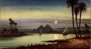 GIZA, EGITTO CARTOLINA "Luce di Luna e Palme" Il Nilo e Piramidi di Giza - Foto 1 di 2