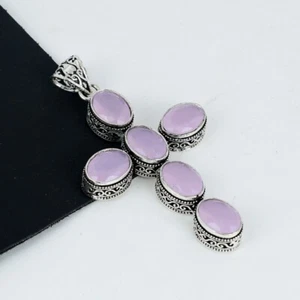 Pink Chalzedon Edelstein Geschenk 925 Sterling Silber Kreuzanhänger Für Mutter - Bild 1 von 4