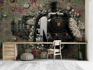 3D Graffiti Train Wall Hole Self-adhesive Removable Wallpaper Murals Wall 116 - Picture 1 of 4