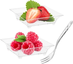 100 Pack 1 Oz Mini Dessert Plates with Forks Reusable Plastic Appetizer Trays - Picture 1 of 11