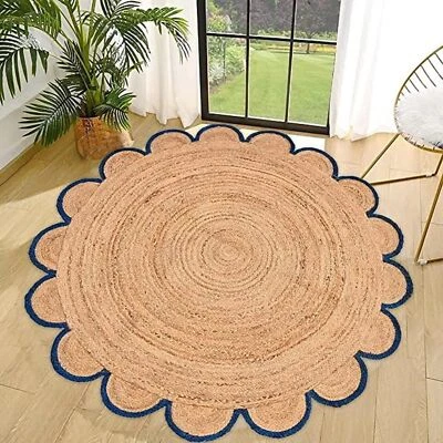 Handmade Braided Natural Pure Jute with Blue Design Scalloped Round Rug - Image 1 of 3
