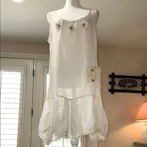 Vestido Boho Crema Sin Mangas L Apliques Florales Dobladillo Globo Lechera Lagenlook - Imagen 1 de 12