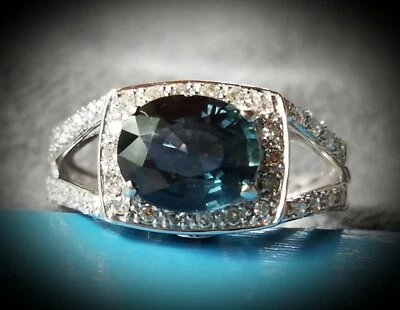 Oro Blanco 14K ~ ZAFIRO AZUL VERDOSO Y 34 DIAMANTES ~ Anillo de compromiso/cóctel  Foto 1 de 4