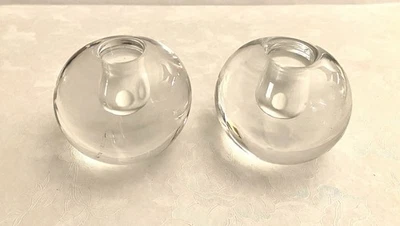 ORREFORS Sweden Vintage Pair of Crystal Clear Round ORB Candlesticks Signed - Image 1 of 4