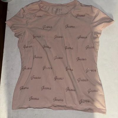 Camiseta GUESS Rosa Lentejuelas Logo Mujer Talla L Algodón Orgánico Manga Corta Foto 1 de 4