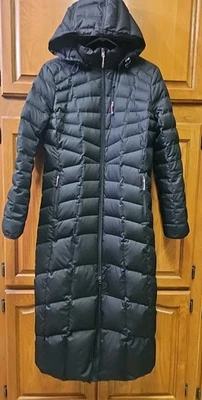 Lands End Jacket Women Small 6-8 Black Zip Down Hooded Puffer Downs Trench Coat  - Image 1 of 4