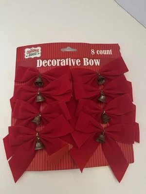 Vintage 8 Piece “Christmas House” Red Velvet Decorative Bows With Bells - Image 1 of 4