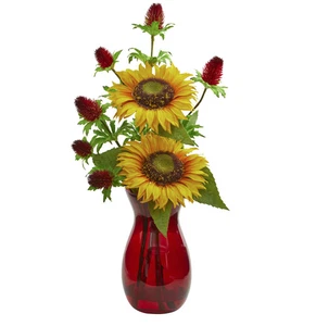 Künstliches Gesteck Sonnenblume und Distel in roter Vase - Bild 1 von 1
