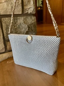 Vintage Metal Mesh Handbag Designer White Shoulder Bag Gold Chain Purse - Picture 1 of 13