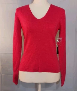 NWT Mercer & Madison 100% Merino Wool V-Neck Ribbed Sweater Women's Medium Pink - Picture 1 of 8