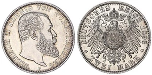 Württemberg 2 Mark 1893 F Wilhelm II Almost Bu 119524 - Picture 1 of 1