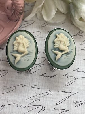 Abotoaduras prata camafeu verde steampunk gótico praia sereia oceano sereia - Imagem 1 de 4