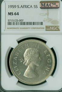 1959 SOUTH AFRICA 5 SHILLING NGC MS64 MAC VERY RARE 2989 MINTED * - Picture 1 of 2