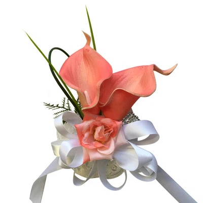 Wrist Corsage -  Real-Touch Coral Calla Lily with Greenery *Pick Ribbon Color* - Image 1 of 3