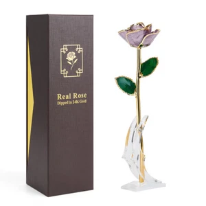 Gold Plated 24k Dipped Real Purple Rose Flower Gift For Mother's Valentine's Day - Picture 1 of 5