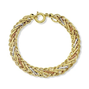14k Tri Color Gold 8 mm Wheat Polished Textured Link Bracelet 8 inch - Picture 1 of 4