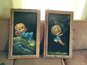 Vintage Mid Century frame Black Velvet Painting big eyed Girls Wall Signed retro - Picture 1 of 7