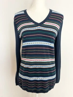 Suéter de punto Tommy Hilfiger para mujer talla M azul marino a rayas cuello en V mangas largas logotipo Foto 1 de 4