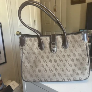 Dooney & Bourke Womens Brown Canvvas Signature Print Double Handle Snap Tote Bag - Picture 1 of 24