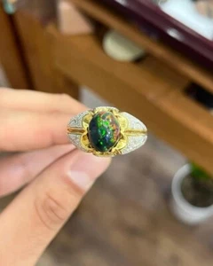 Ring Opal Black Natural 925 Silver Sterling Gold Opal Mens Ring - Picture 1 of 9