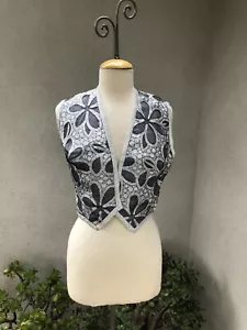 Vintage 70s Mod Short Vest Metallic Silver Grey Floral Lilli Russell Sz M - Picture 1 of 8
