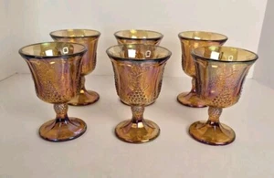 Marvelous Vintage Set of 6 Indiana Harvest Gold/ Amber Carnival Glass Stem - Picture 1 of 15